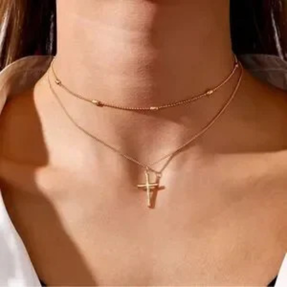 Gold Silver double chain Cross Necklace